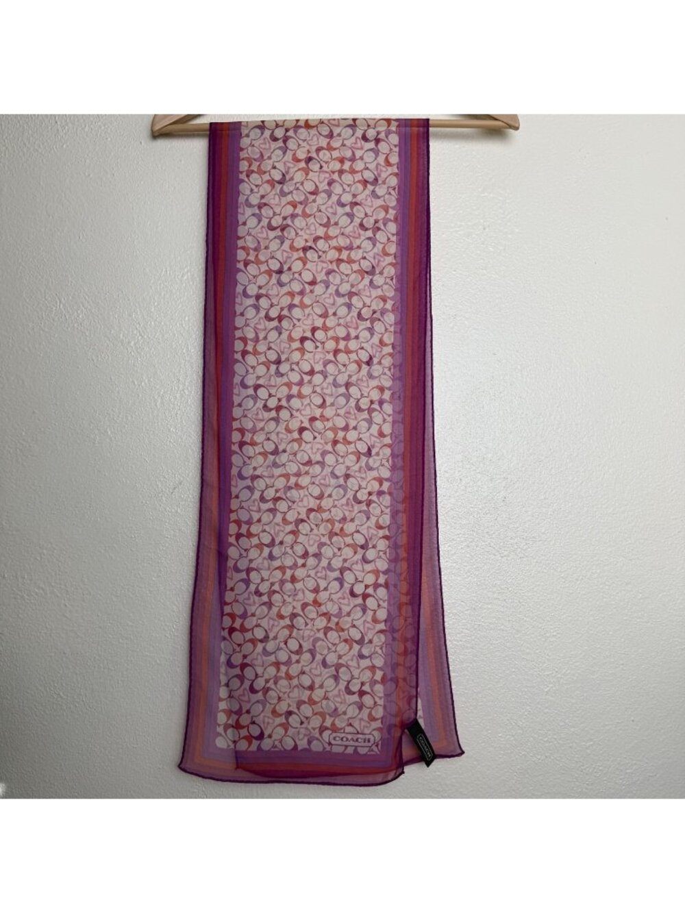 Coach Signature Hearts Sheer Silk Scarf Pink & Purple 11" x 34"